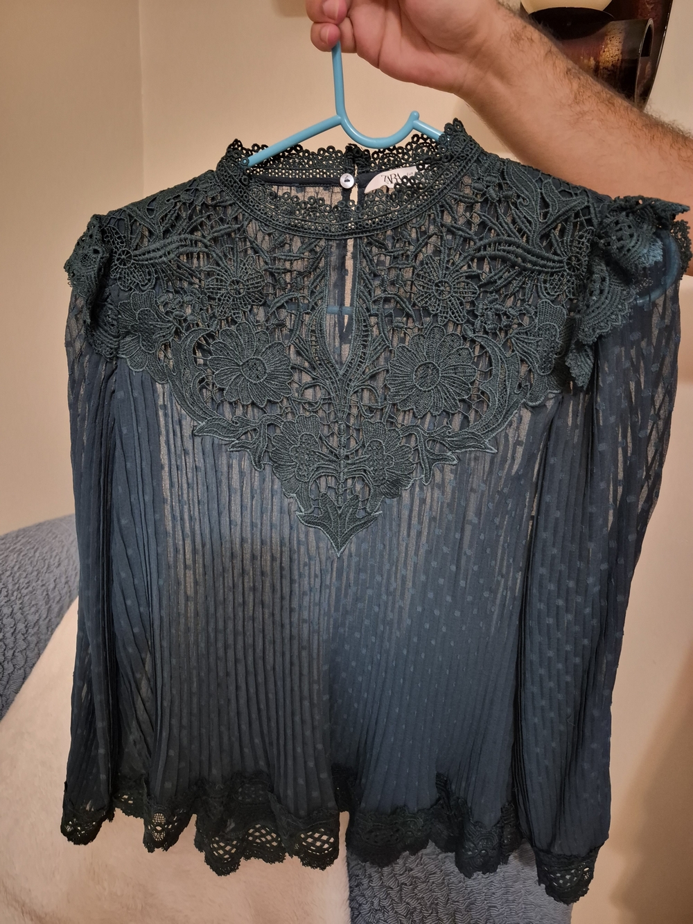 Elegant Dark Teal Lace Yoke Blouse - Women Tops - Picture 8 of 11